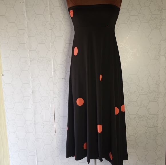 Lularoe long black skirt with orange polkadot pattern - Picture 6 of 13